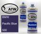 Preview: BMW, Pacific Blue, 500: 400ml Sprühdose + 400ml Klarlack - Set, von ATW Autoteile West.